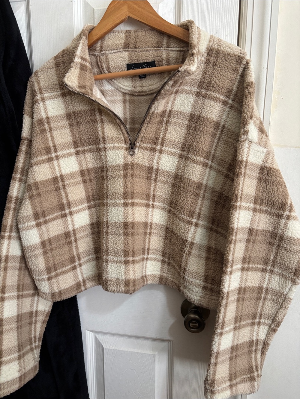 Love Tree Brown & Cream Plaid Sherpa Half-Zip Crop Top